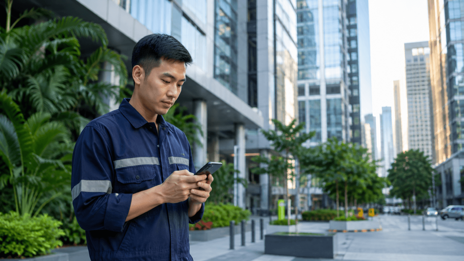 A shift worker in Singapore checking work pass validity and employment details on a smartphone.