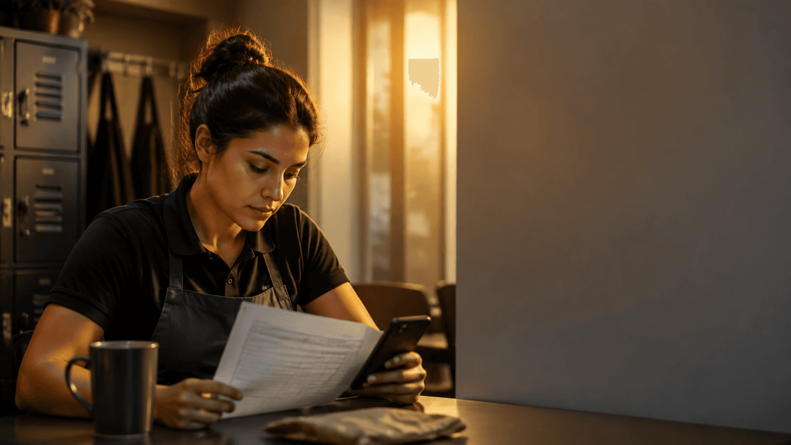 An hourly worker reviewing a timesheet after a shift.