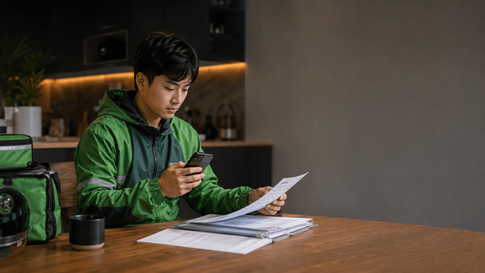 A delivery worker organizing income records at home.