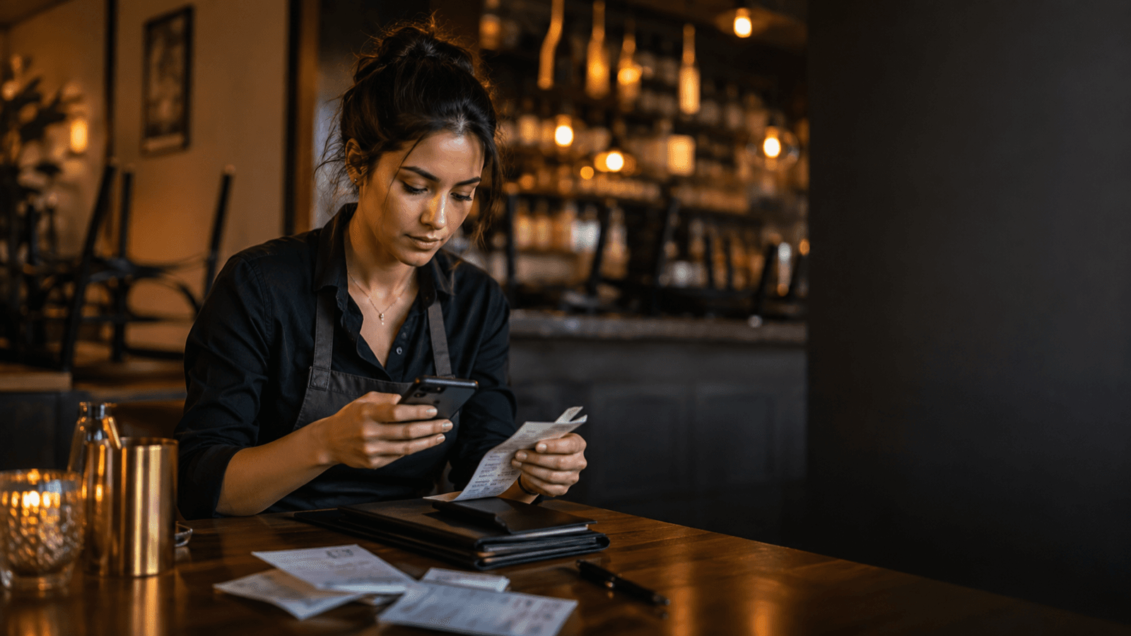 A restaurant worker organizing shift income and receipts.