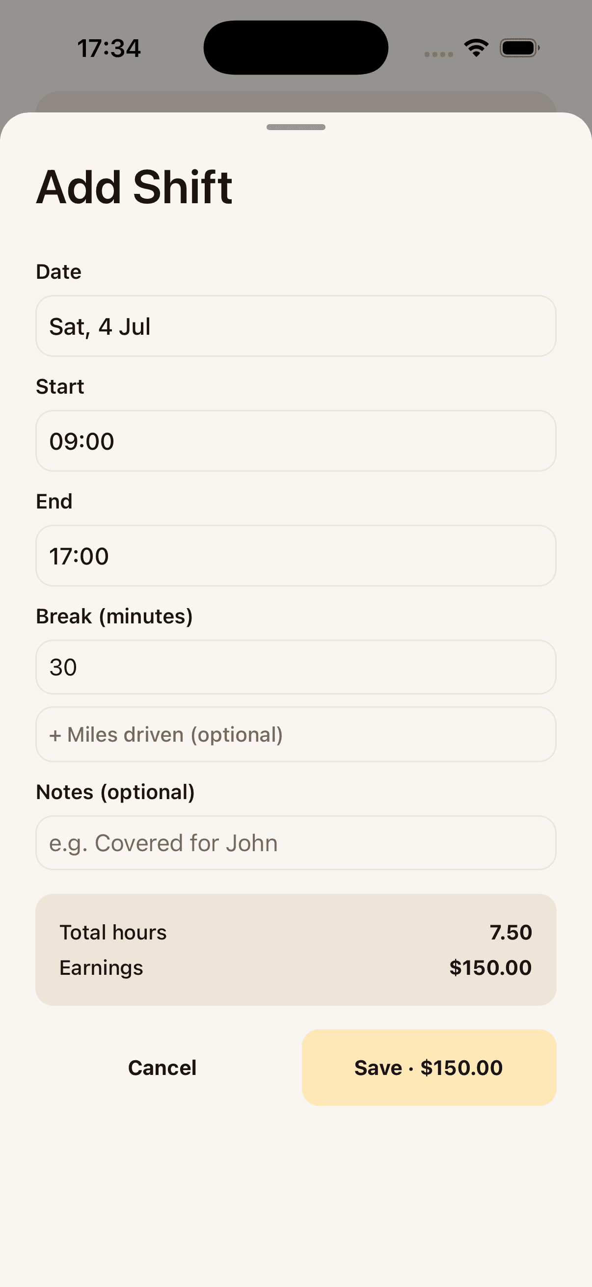 Adding a shift in WageFlow, with earnings calculated instantly