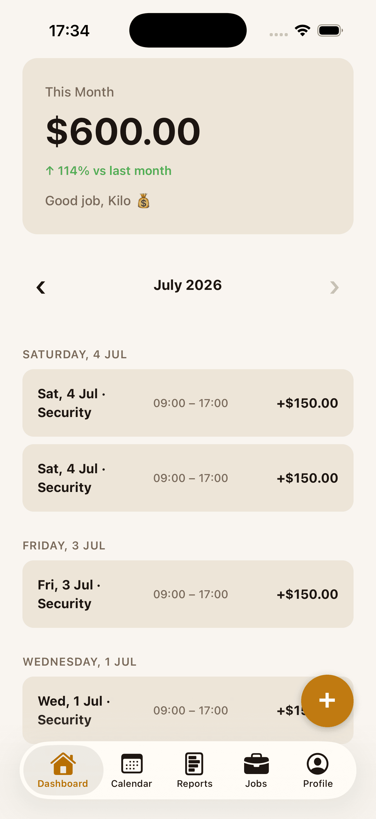 WageFlow dashboard showing this month's total earnings