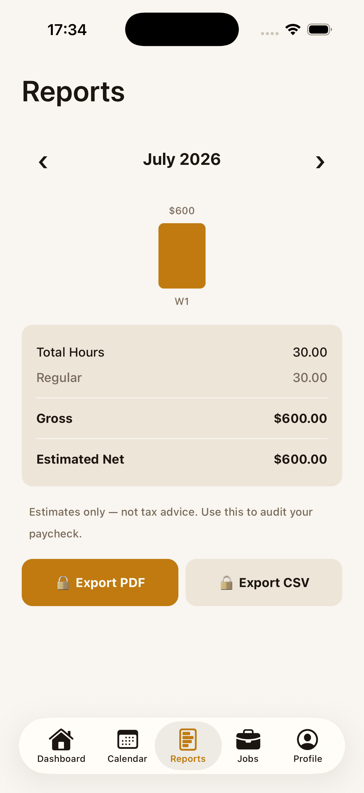 WageFlow reports screen with PDF and CSV export
